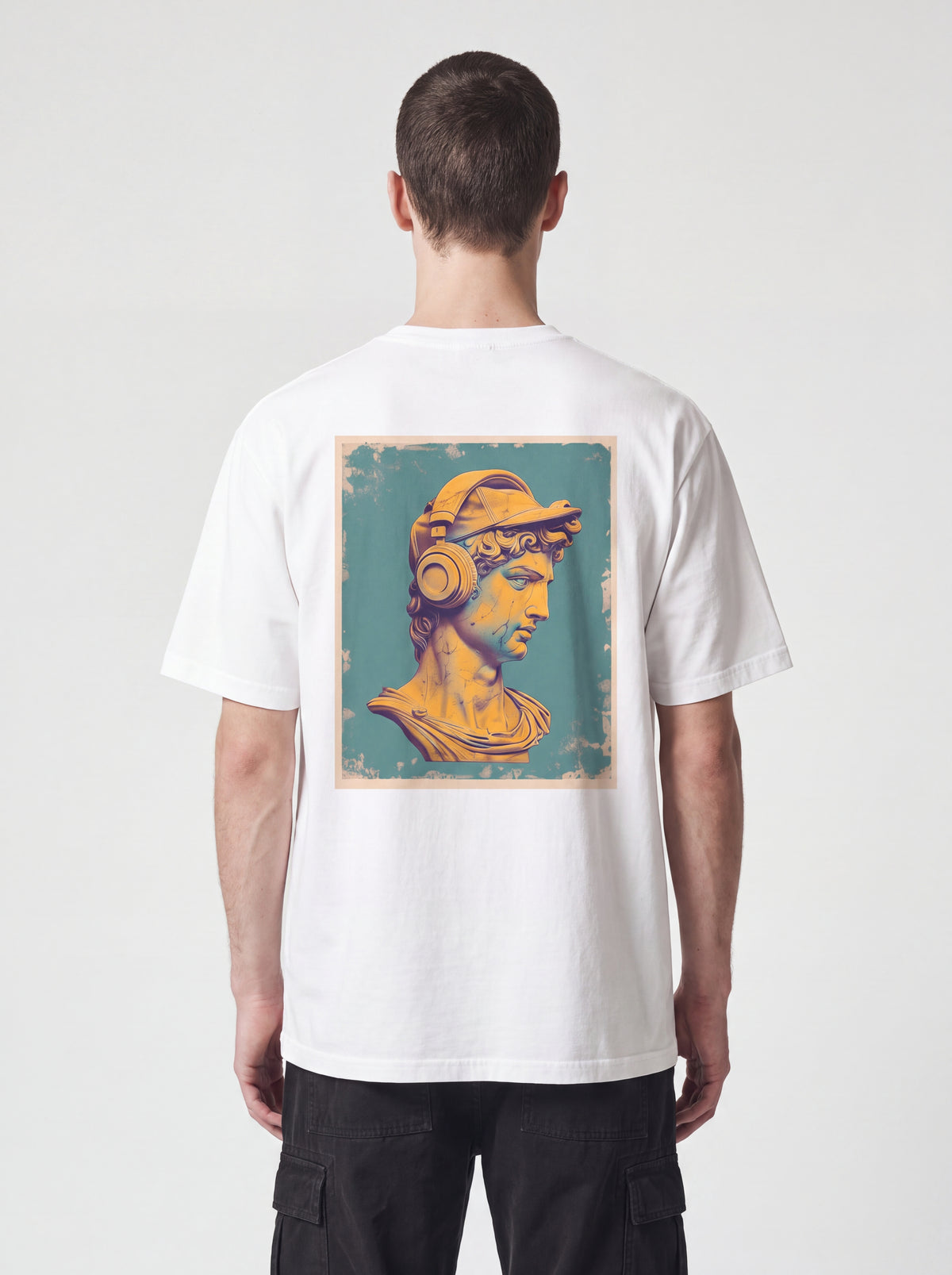 Unisex Heavyweight 6.1 oz Cotton Boxy Fit T-Shirt featuring classical statue with headphones Graphic - Editorial Dual Male Model Lookbook Front and Back View