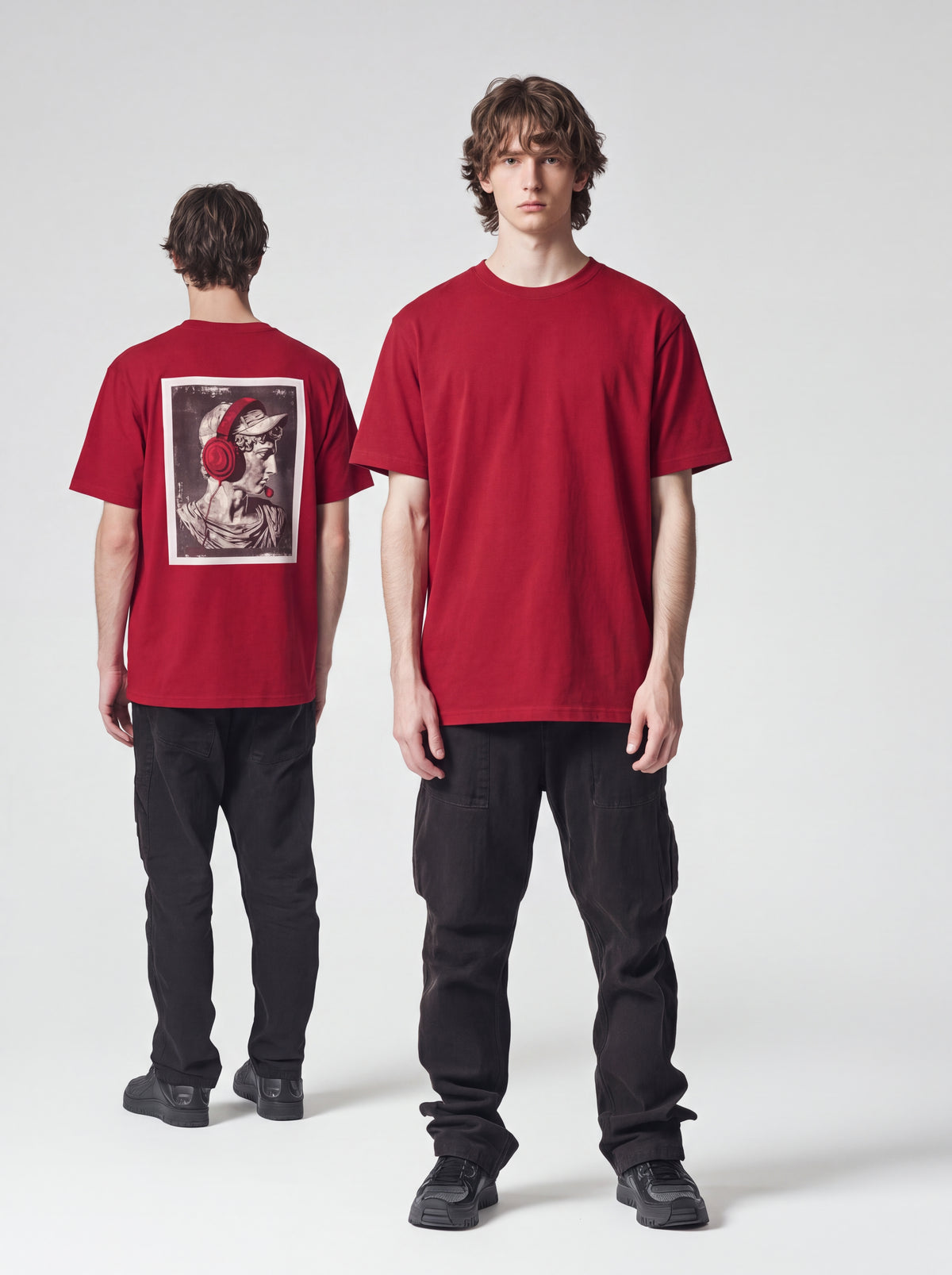 Unisex Heavyweight 6.1 oz Cotton Boxy Fit T-Shirt featuring classical statue with headphones Graphic - Editorial Dual Male Model Lookbook Front and Back View