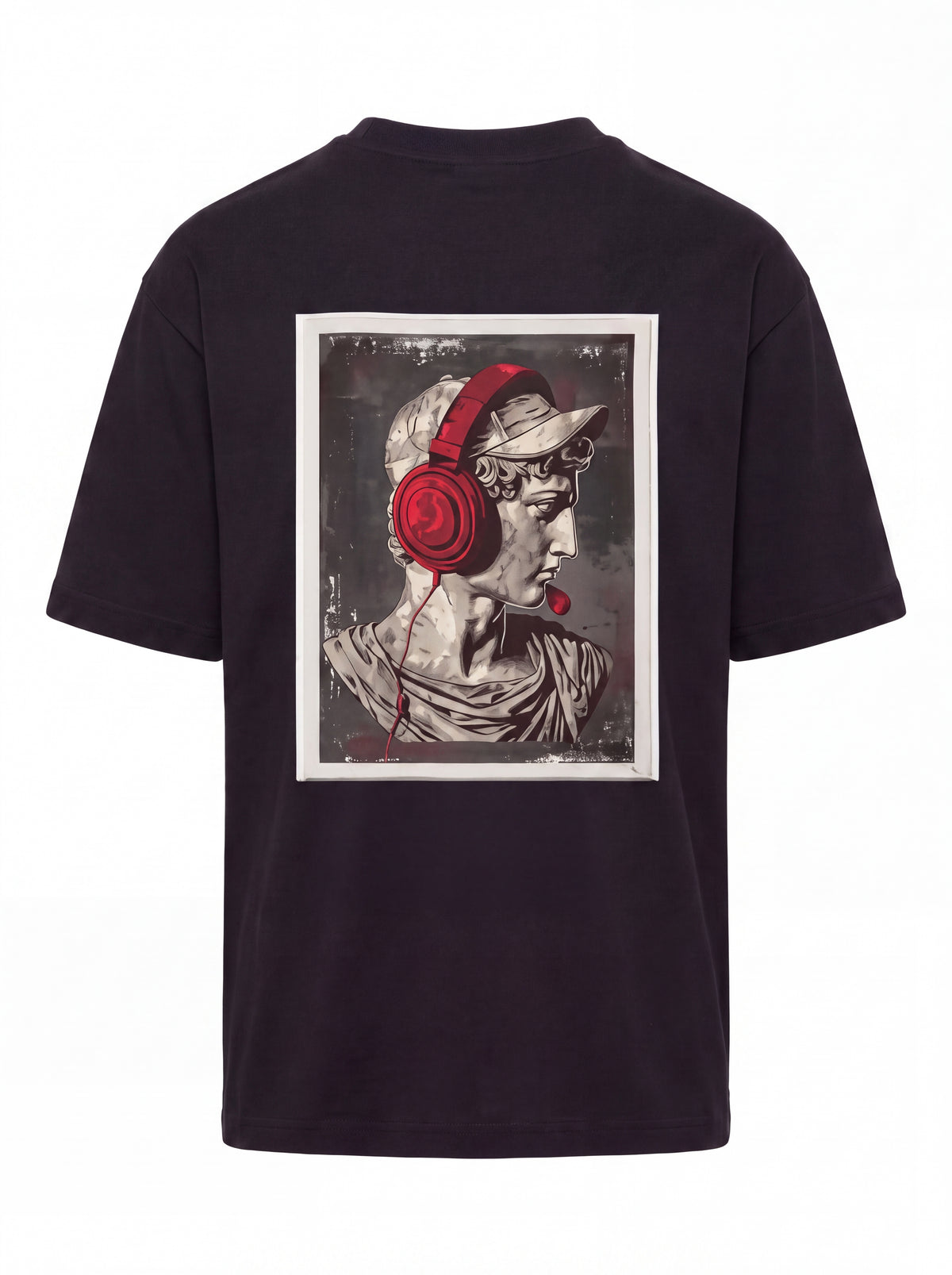 Unisex Heavyweight 6.1 oz Cotton Boxy Fit T-Shirt featuring classical statue with headphones Graphic - 3D Ghost Mannequin Back Print View