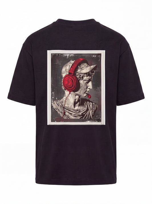 Unisex Heavyweight 6.1 oz Cotton Boxy Fit T-Shirt featuring classical statue with headphones Graphic - 3D Ghost Mannequin Back Print View