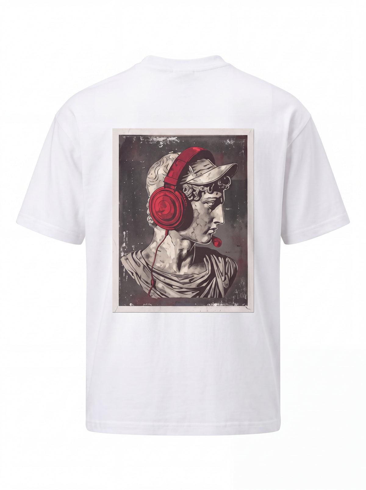 Unisex Heavyweight 6.1 oz Cotton Boxy Fit T-Shirt featuring classical statue with headphones Graphic - 3D Ghost Mannequin Back Print View