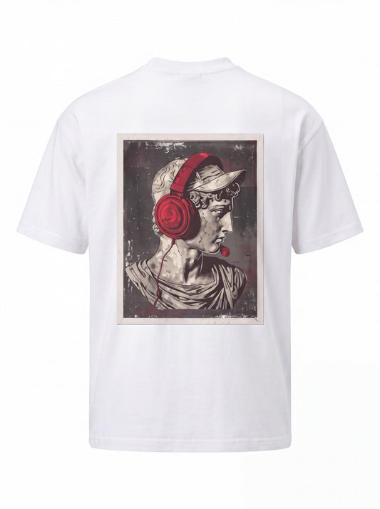 Unisex Heavyweight 6.1 oz Cotton Boxy Fit T-Shirt featuring classical statue with headphones Graphic - 3D Ghost Mannequin Back Print View