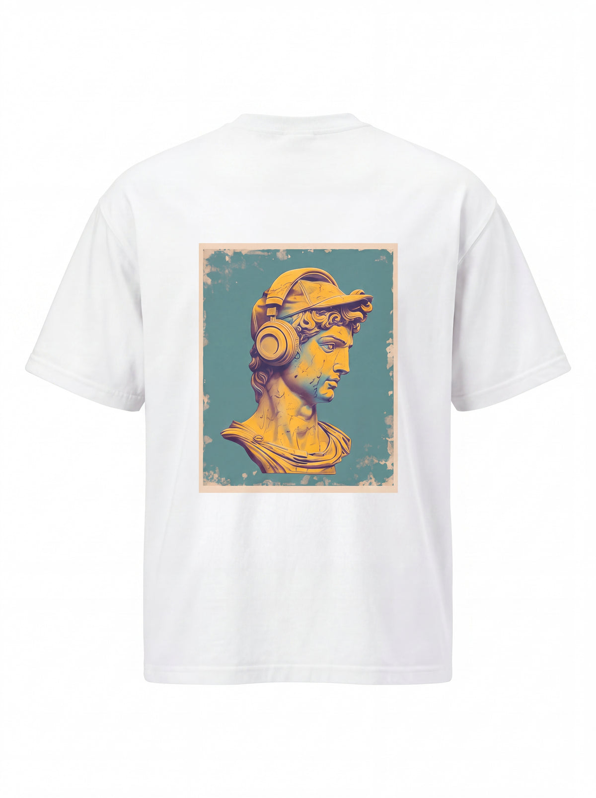 Unisex Heavyweight 6.1 oz Cotton Boxy Fit T-Shirt featuring classical statue with headphones Graphic - 3D Ghost Mannequin Back Print View