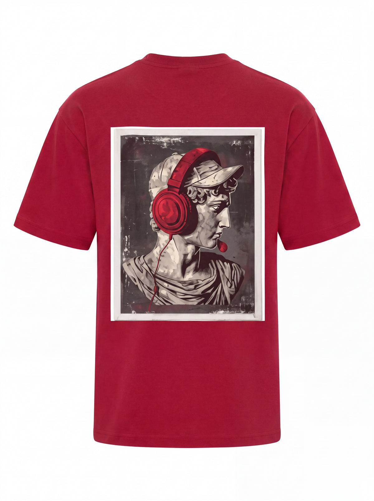 Unisex Heavyweight 6.1 oz Cotton Boxy Fit T-Shirt featuring classical statue with headphones Graphic - 3D Ghost Mannequin Back Print View