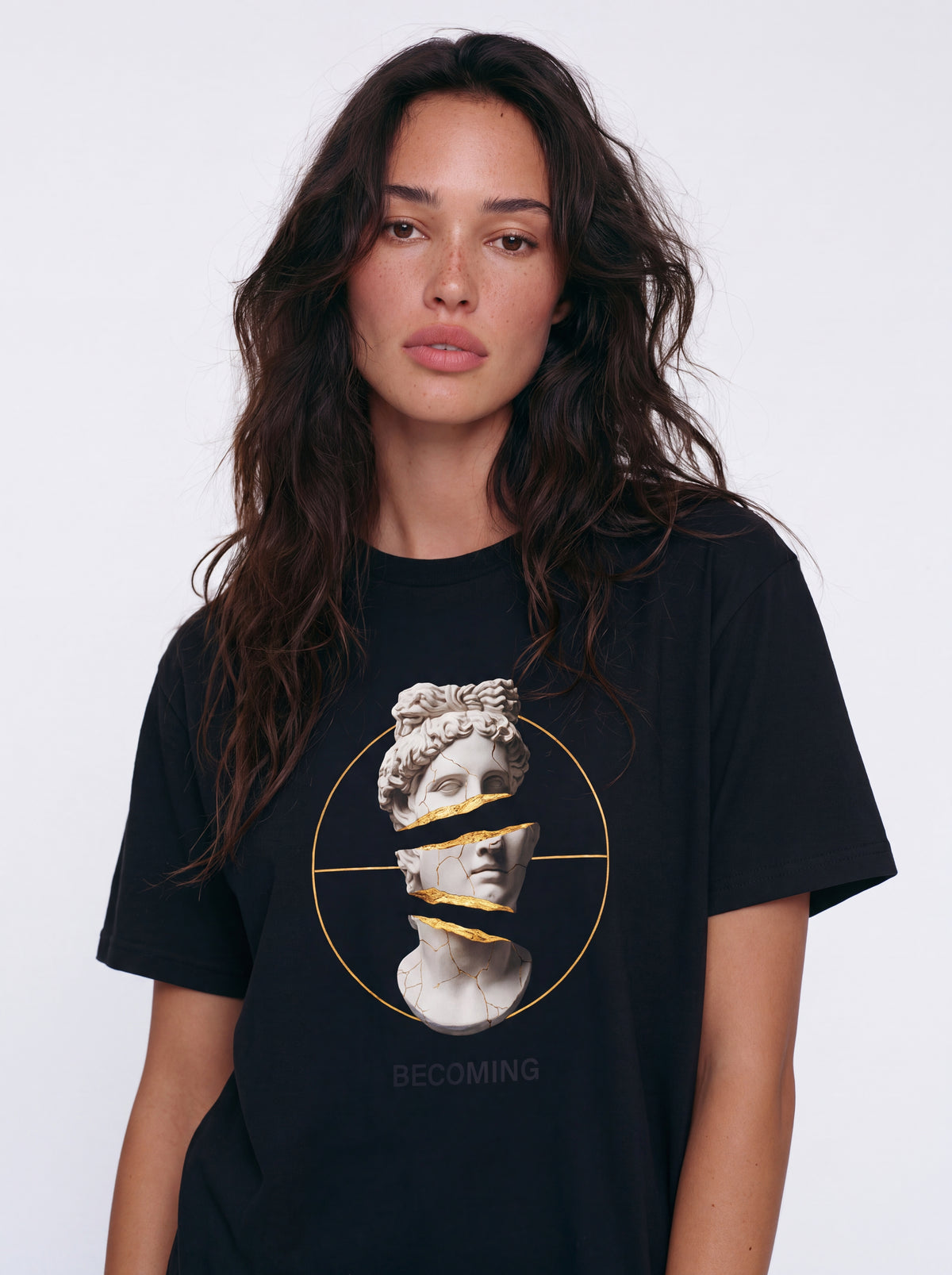 Unisex Heavyweight 6.1 oz Cotton Boxy Fit T-Shirt featuring becoming kintsugi marble bust Graphic - Editorial Dual Male Model Lookbook Front and Back View