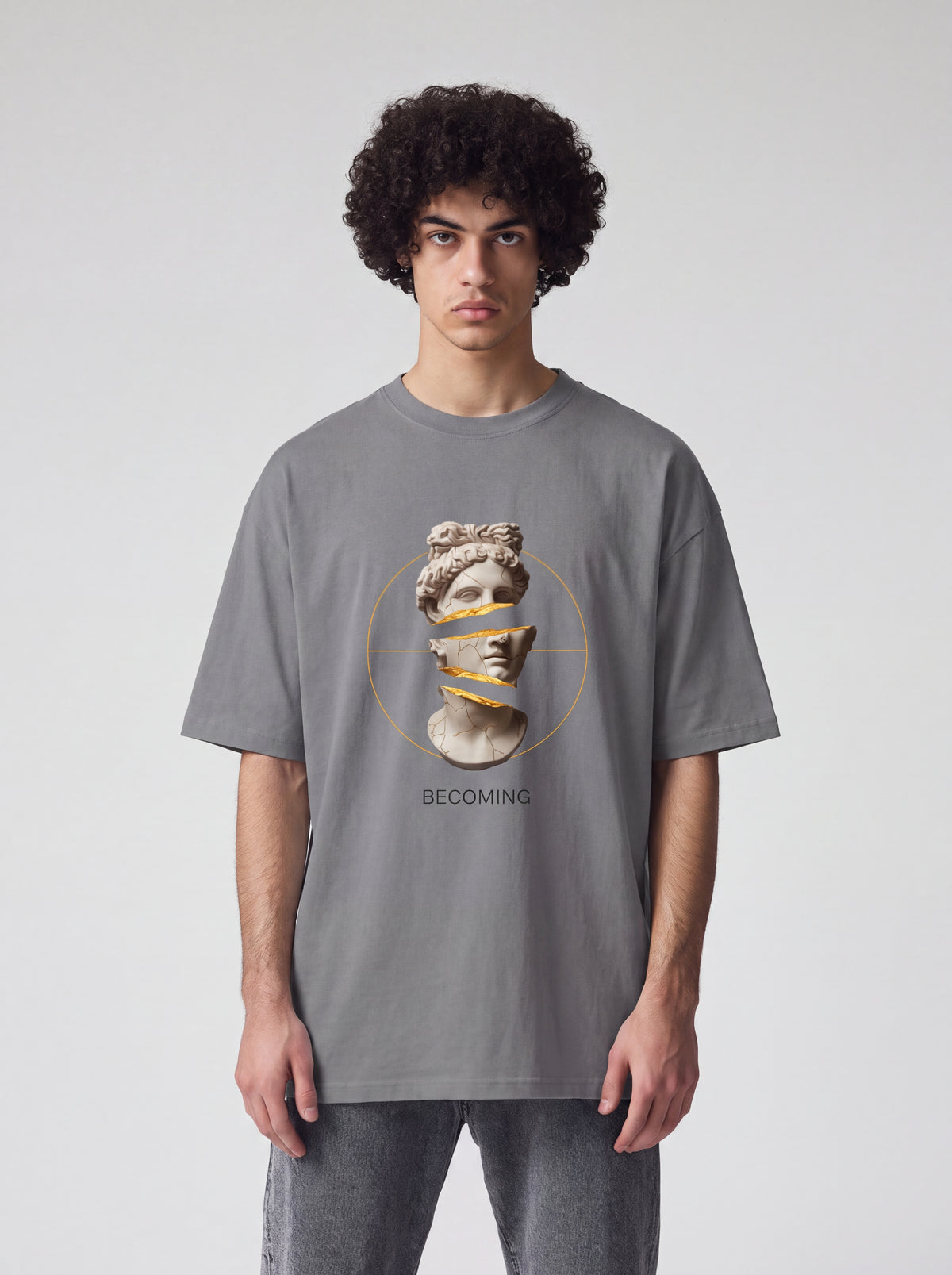 Unisex Heavyweight 6.1 oz Cotton Boxy Fit T-Shirt featuring becoming kintsugi marble bust Graphic - Editorial Dual Male Model Lookbook Front and Back View