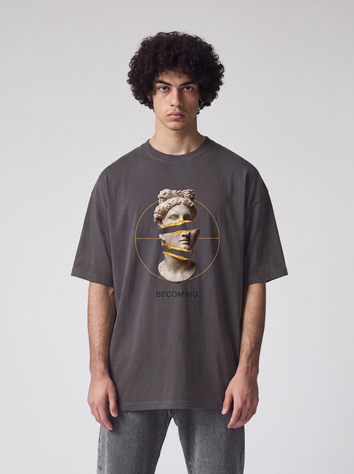Unisex Heavyweight 6.1 oz Cotton Boxy Fit T-Shirt featuring becoming kintsugi marble bust Graphic - Editorial Dual Male Model Lookbook Front and Back View