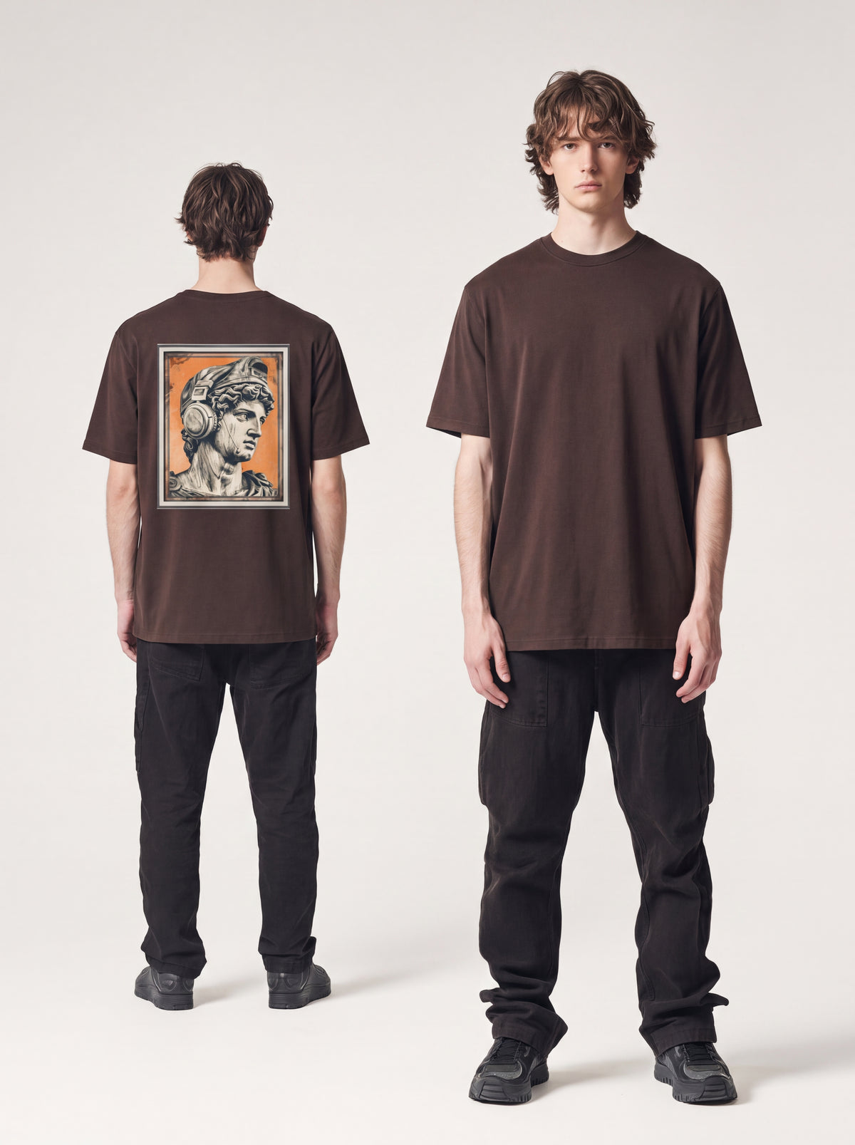 Classical Statue Head Graphic T-Shirt — Retro Orange Framed Art Tee