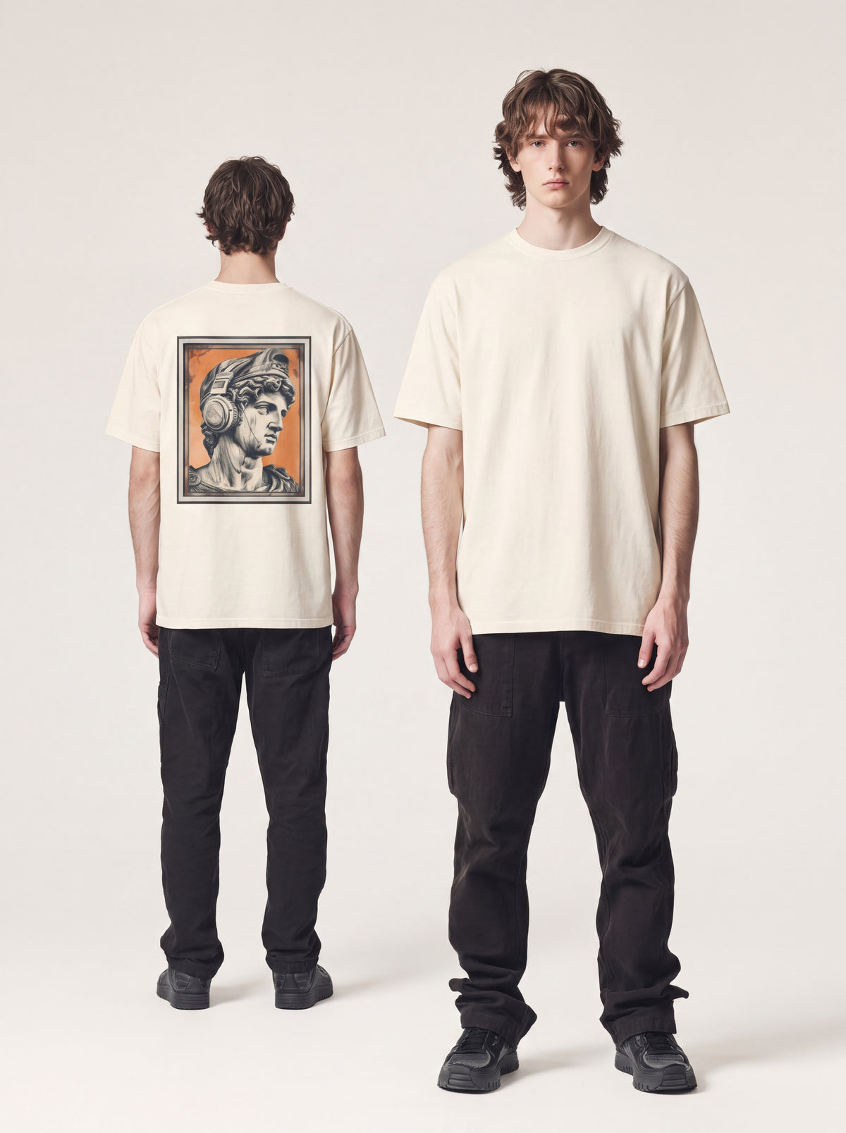 Classical Statue Head Graphic T-Shirt — Retro Orange Framed Art Tee