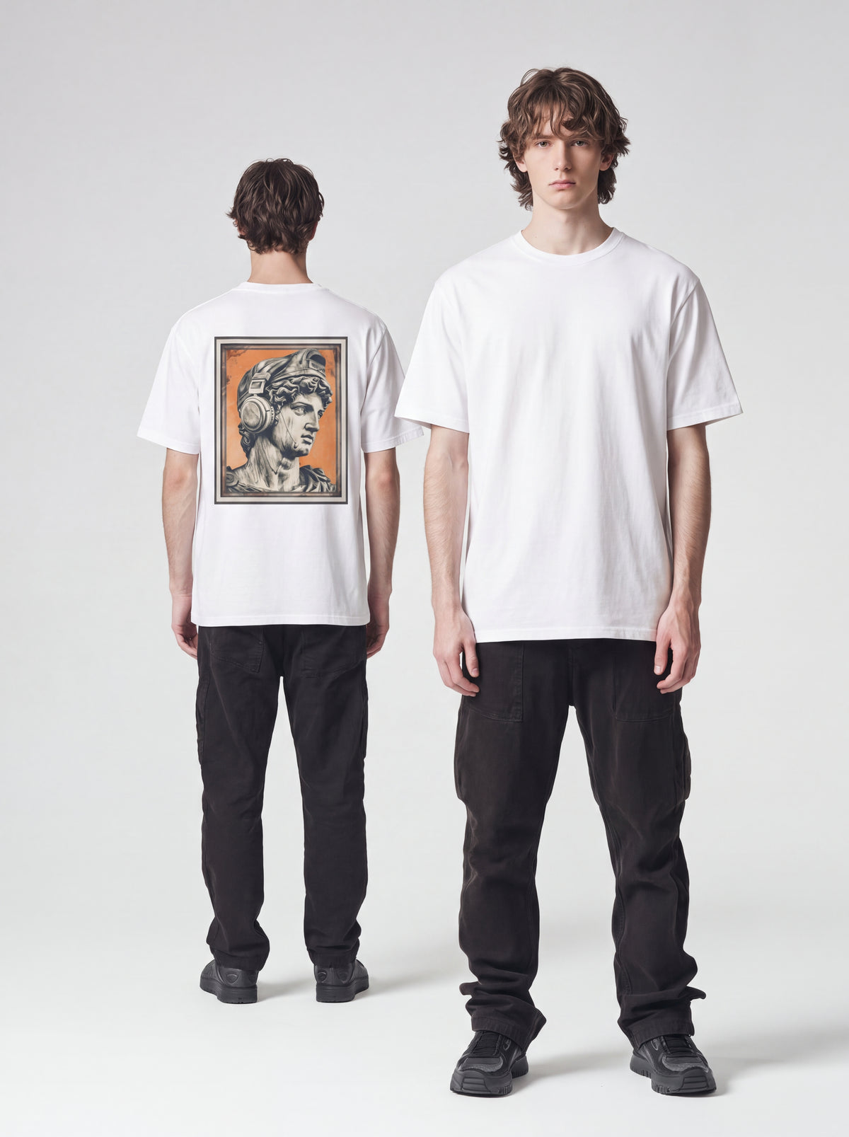 Classical Statue Head Graphic T-Shirt — Retro Orange Framed Art Tee