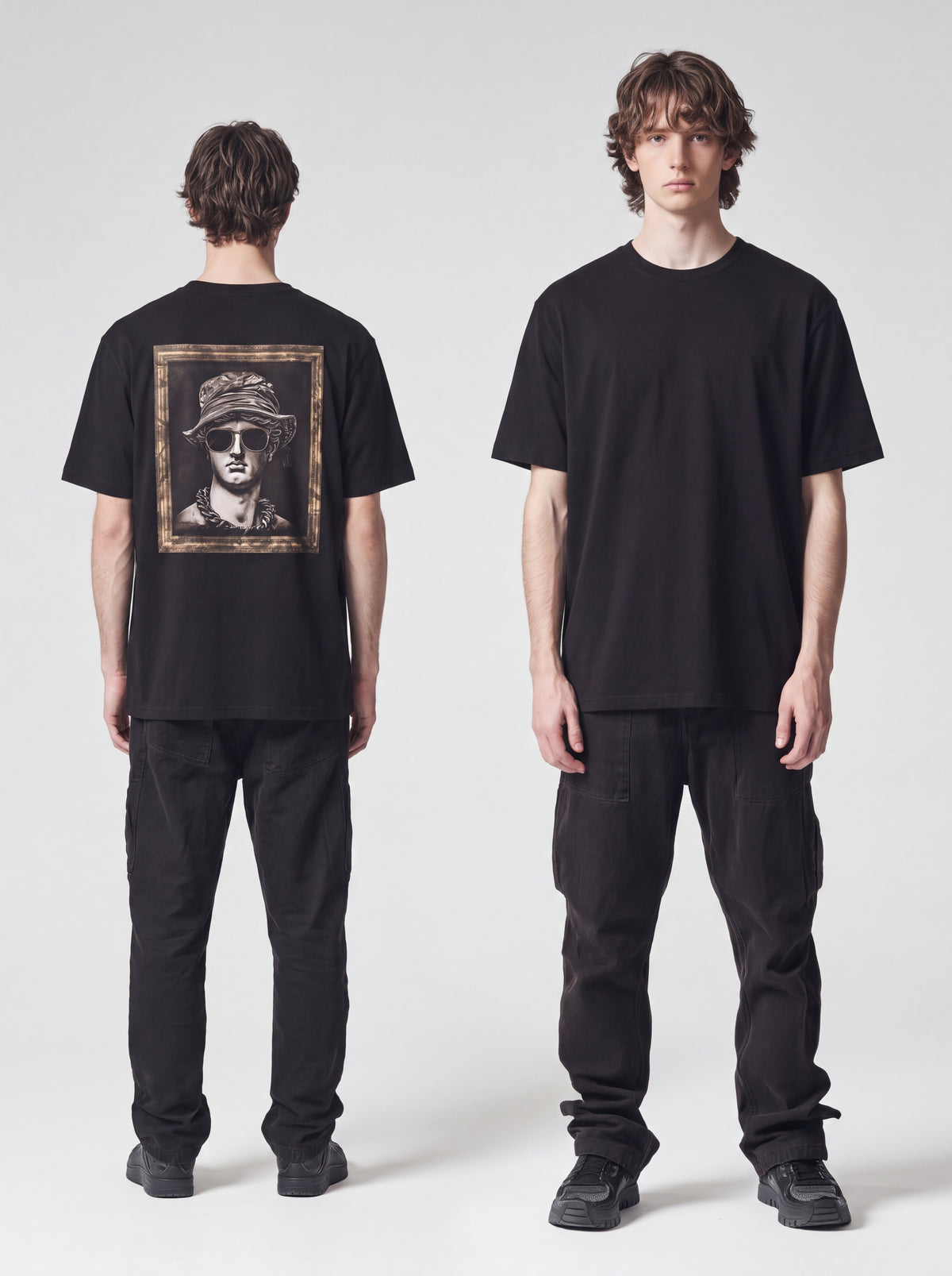 Unisex Heavyweight 6.1 oz Cotton Boxy Fit T-Shirt featuring roman bust sunglasses bucket hat Graphic - Garment Detail Close-up View