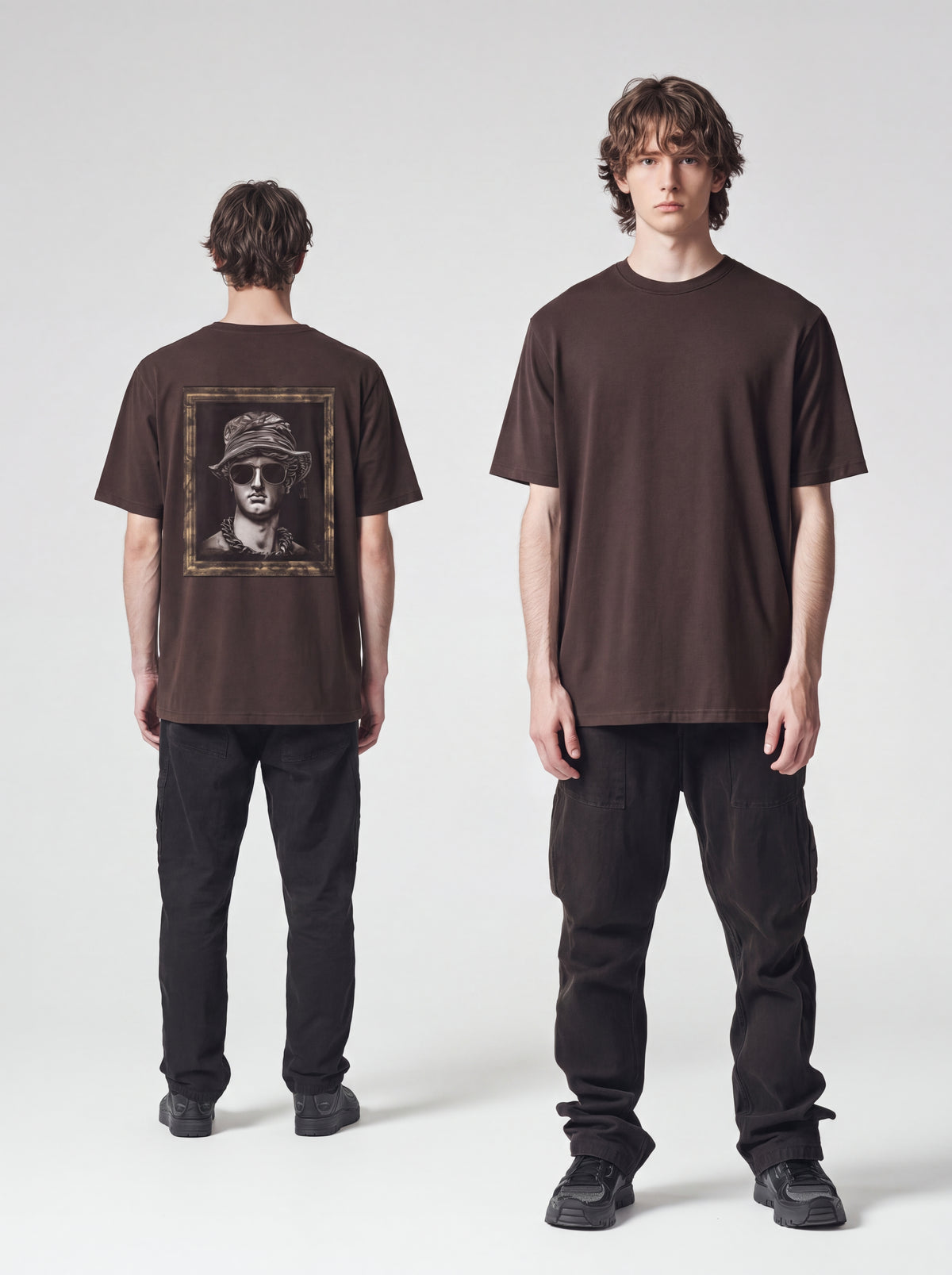 Unisex Heavyweight 6.1 oz Cotton Boxy Fit T-Shirt featuring roman bust sunglasses bucket hat Graphic - Editorial Dual Male Model Lookbook Front and Back View