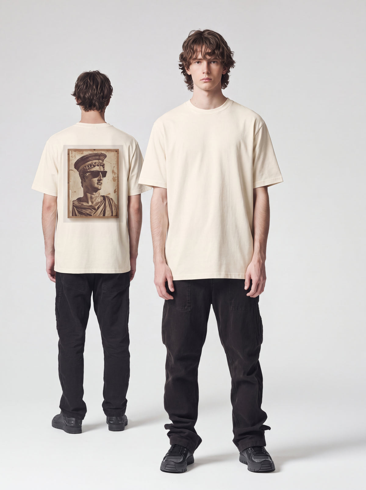 Unisex Heavyweight 6.1 oz Cotton Boxy Fit T-Shirt featuring roman bust sunglasses bucket hat Graphic - Editorial Dual Male Model Lookbook Front and Back View