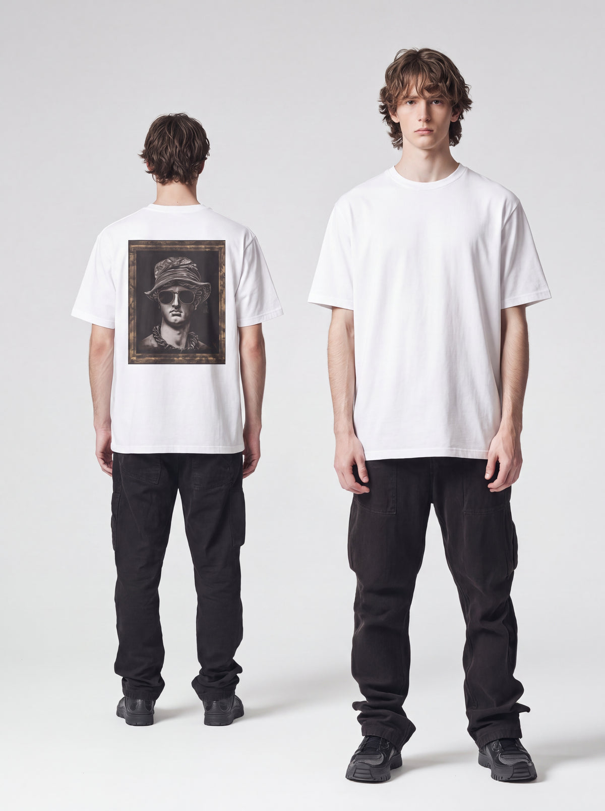 Unisex Heavyweight 6.1 oz Cotton Boxy Fit T-Shirt featuring roman bust sunglasses bucket hat Graphic - Editorial Dual Male Model Lookbook Front and Back View