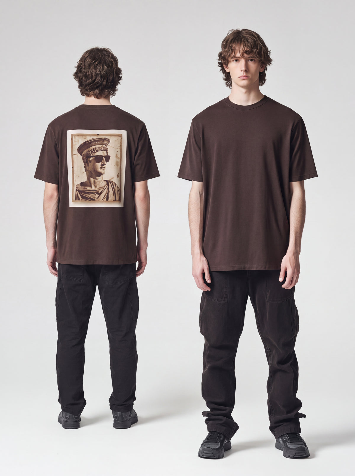 Unisex Heavyweight 6.1 oz Cotton Boxy Fit T-Shirt featuring roman bust sunglasses bucket hat Graphic - Editorial Dual Male Model Lookbook Front and Back View