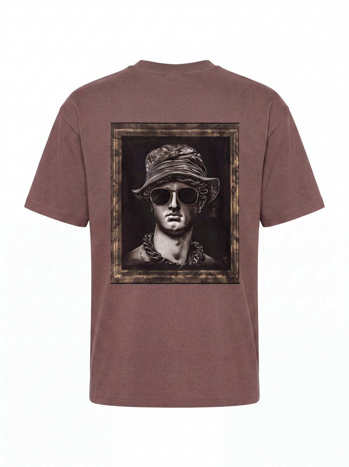 Unisex Heavyweight 6.1 oz Cotton Boxy Fit T-Shirt featuring roman bust sunglasses bucket hat Graphic - 3D Ghost Mannequin Back Print View