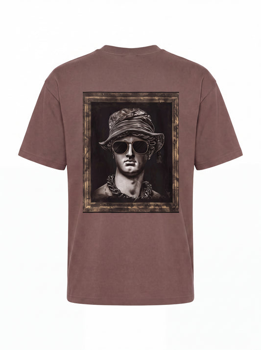 Unisex Heavyweight 6.1 oz Cotton Boxy Fit T-Shirt featuring roman bust sunglasses bucket hat Graphic - 3D Ghost Mannequin Back Print View