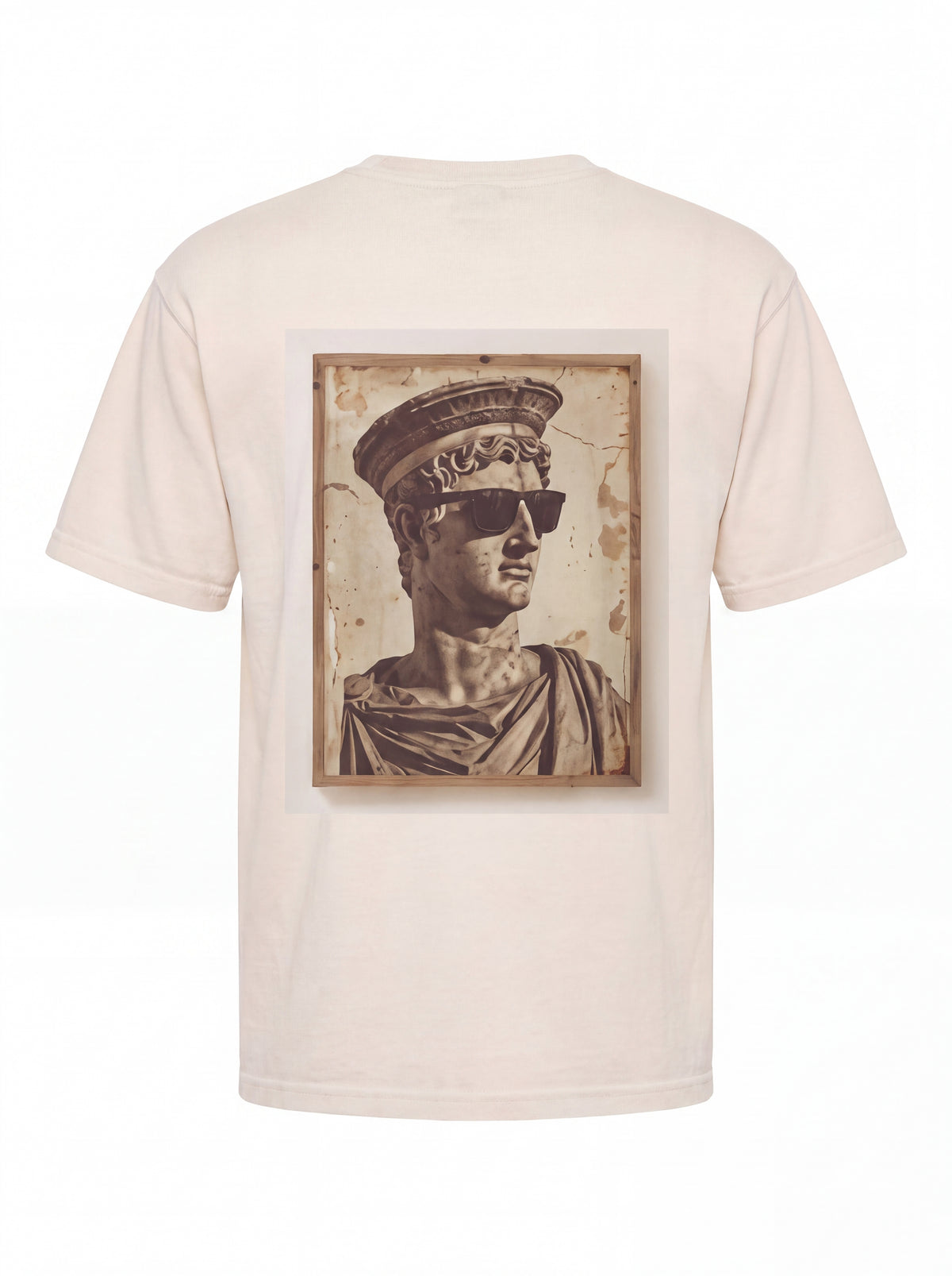 Unisex Heavyweight 6.1 oz Cotton Boxy Fit T-Shirt featuring roman bust sunglasses bucket hat Graphic - 3D Ghost Mannequin Back Print View