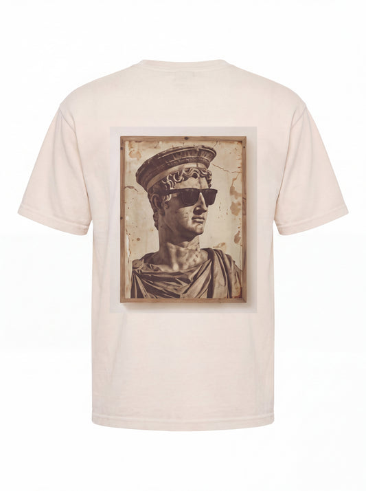 Unisex Heavyweight 6.1 oz Cotton Boxy Fit T-Shirt featuring roman bust sunglasses bucket hat Graphic - 3D Ghost Mannequin Back Print View