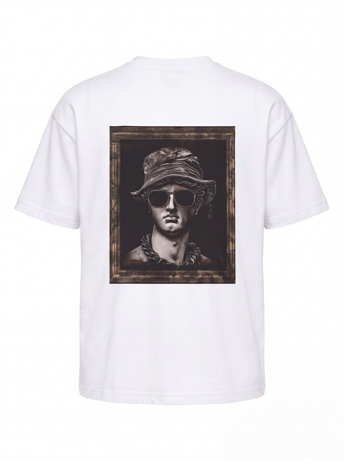 Unisex Heavyweight 6.1 oz Cotton Boxy Fit T-Shirt featuring roman bust sunglasses bucket hat Graphic - 3D Ghost Mannequin Back Print View
