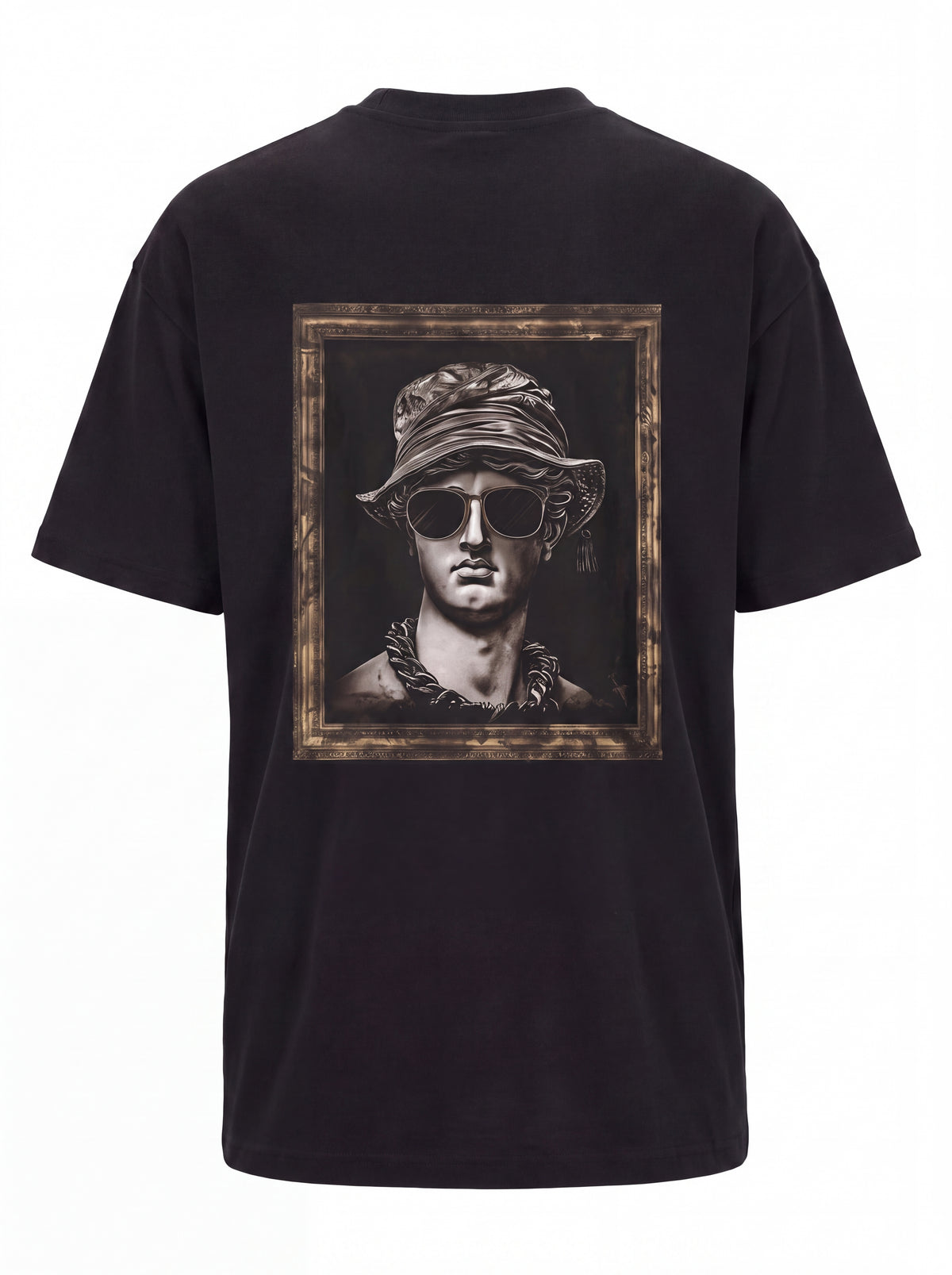 Unisex Heavyweight 6.1 oz Cotton Boxy Fit T-Shirt featuring roman bust sunglasses bucket hat Graphic - 3D Ghost Mannequin Back Print View
