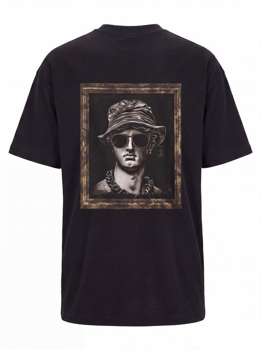 Unisex Heavyweight 6.1 oz Cotton Boxy Fit T-Shirt featuring roman bust sunglasses bucket hat Graphic - 3D Ghost Mannequin Back Print View