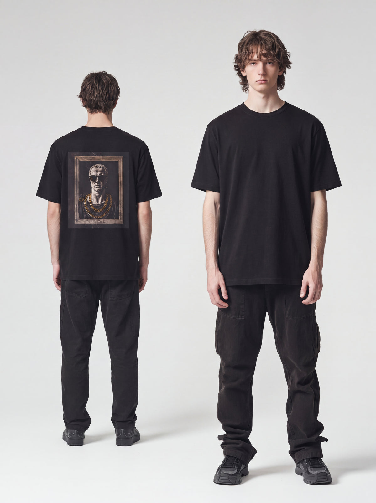 Unisex Heavyweight 6.1 oz Cotton Boxy Fit T-Shirt featuring classical sculpture Graphic - Editorial Dual Male Model Lookbook Front and Back View