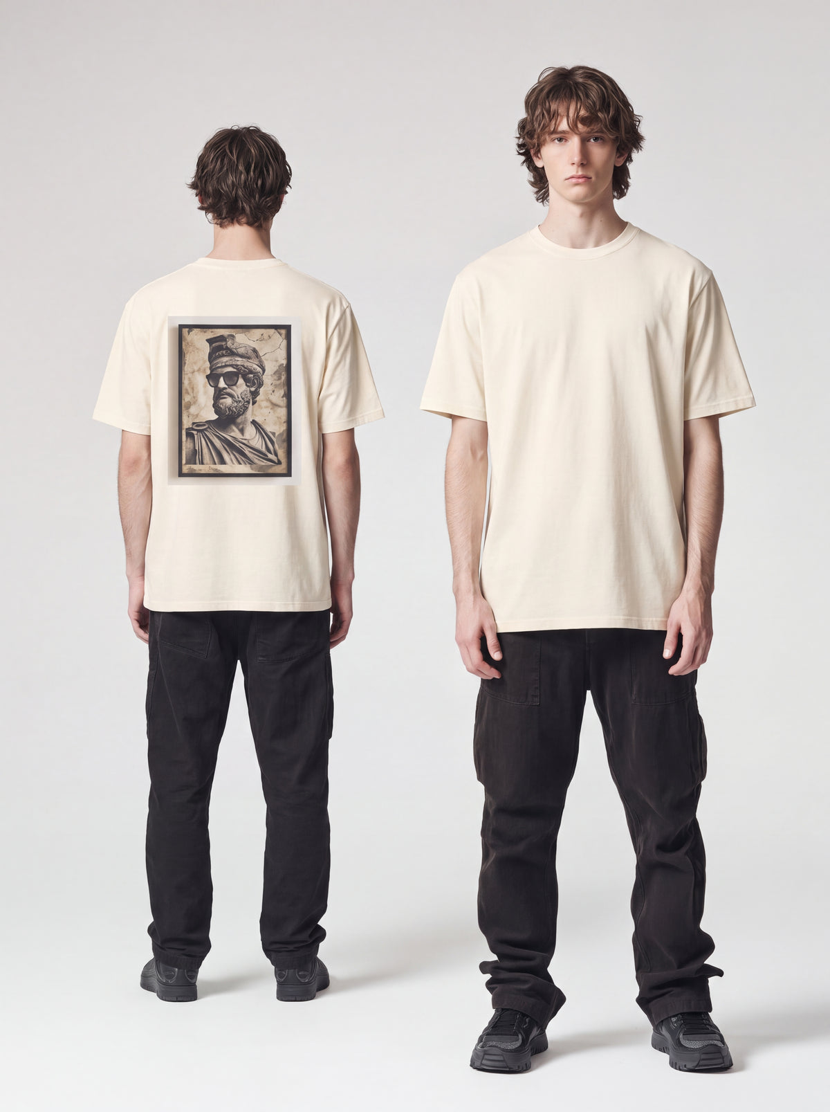 Unisex Heavyweight 6.1 oz Cotton Boxy Fit T-Shirt featuring classical sculpture Graphic - Editorial Dual Male Model Lookbook Front and Back View