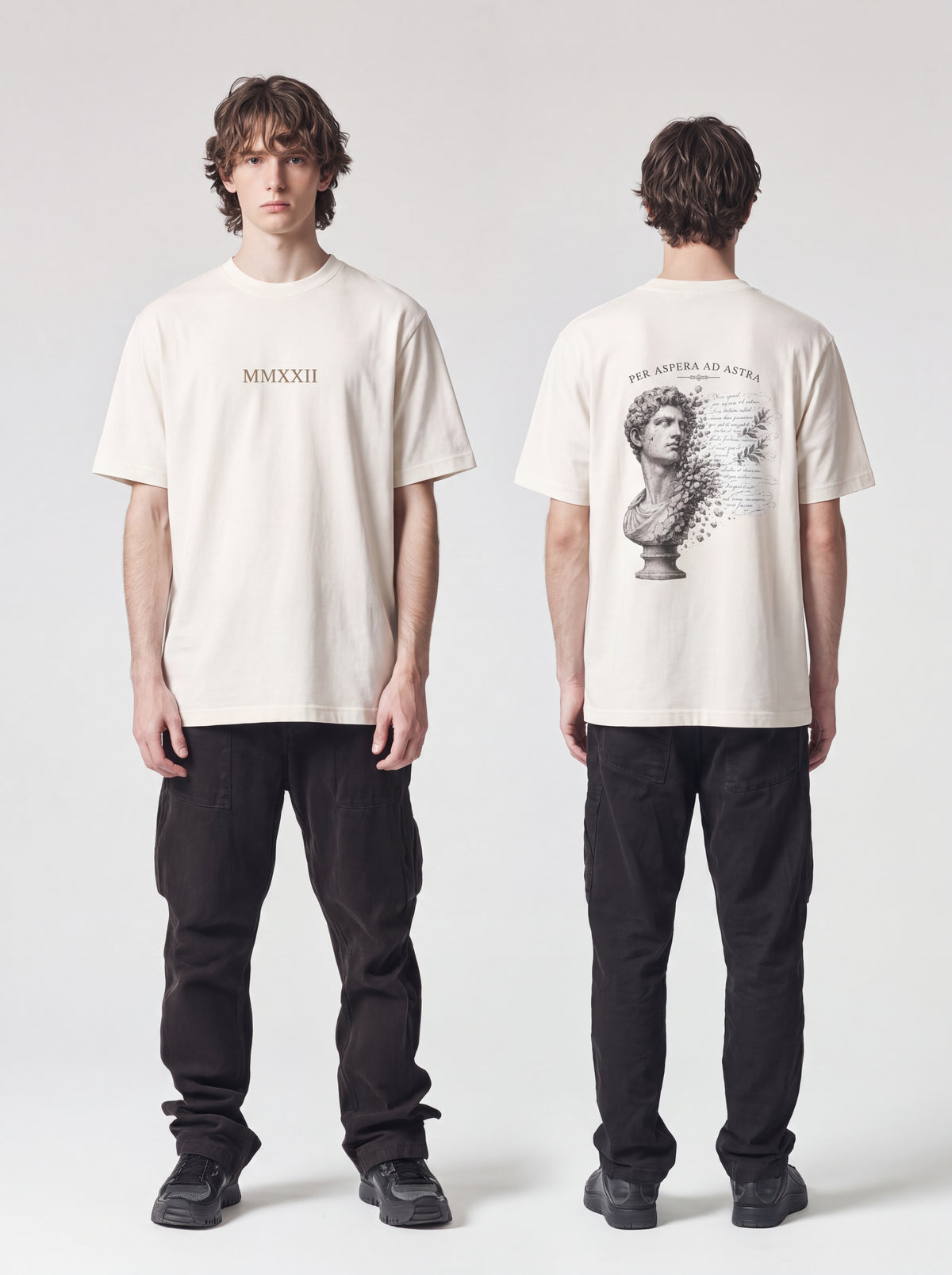 Unisex Heavyweight 6.1 oz Cotton Boxy Fit T-Shirt featuring classical sculpture Graphic - Editorial Dual Male Model Lookbook Front and Back View