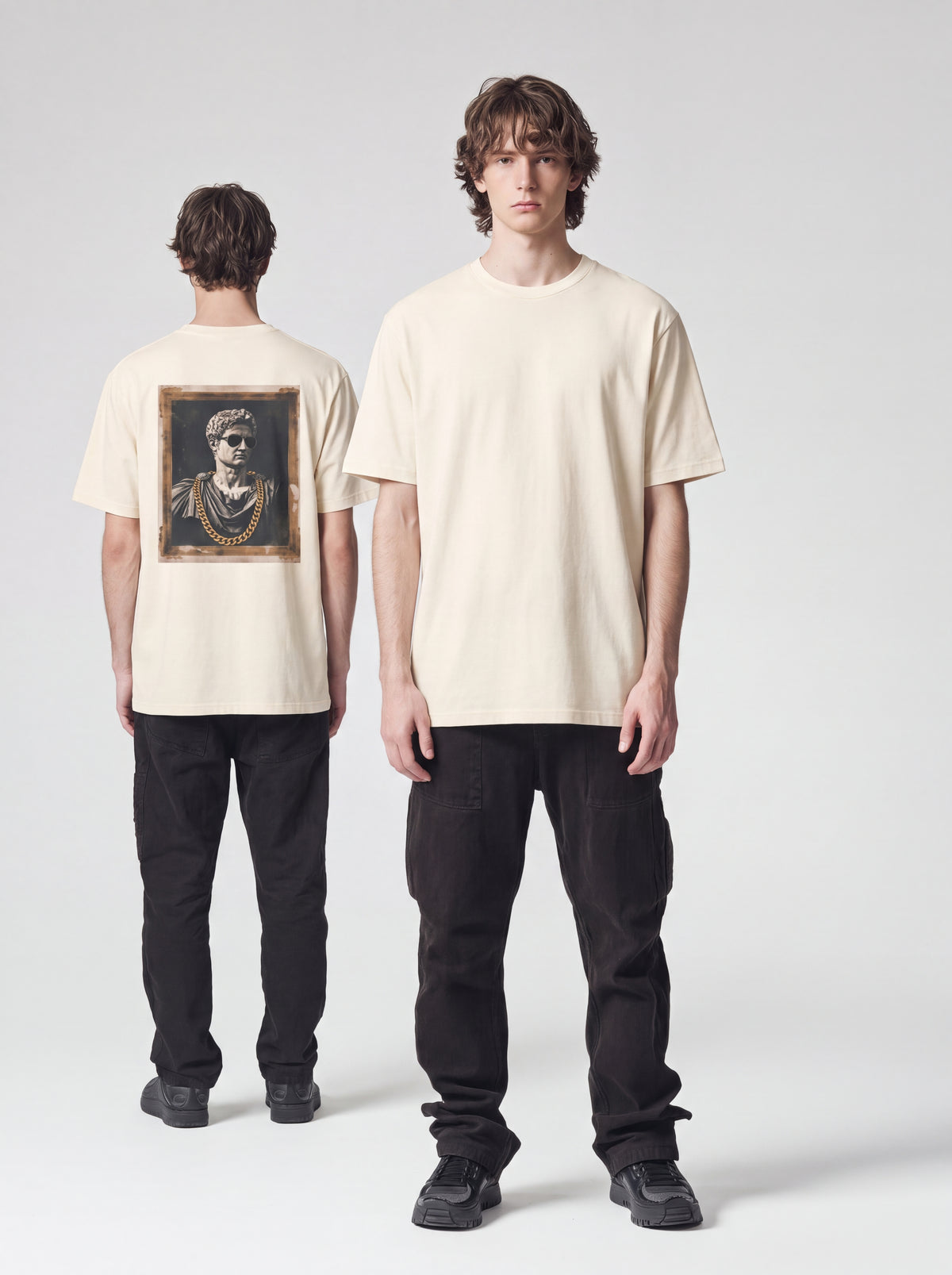 Unisex Heavyweight 6.1 oz Cotton Boxy Fit T-Shirt featuring classical sculpture Graphic - Editorial Dual Male Model Lookbook Front and Back View