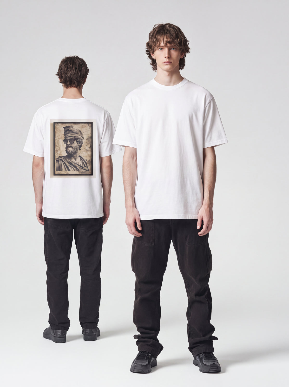 Unisex Heavyweight 6.1 oz Cotton Boxy Fit T-Shirt featuring classical sculpture Graphic - Editorial Dual Male Model Lookbook Front and Back View