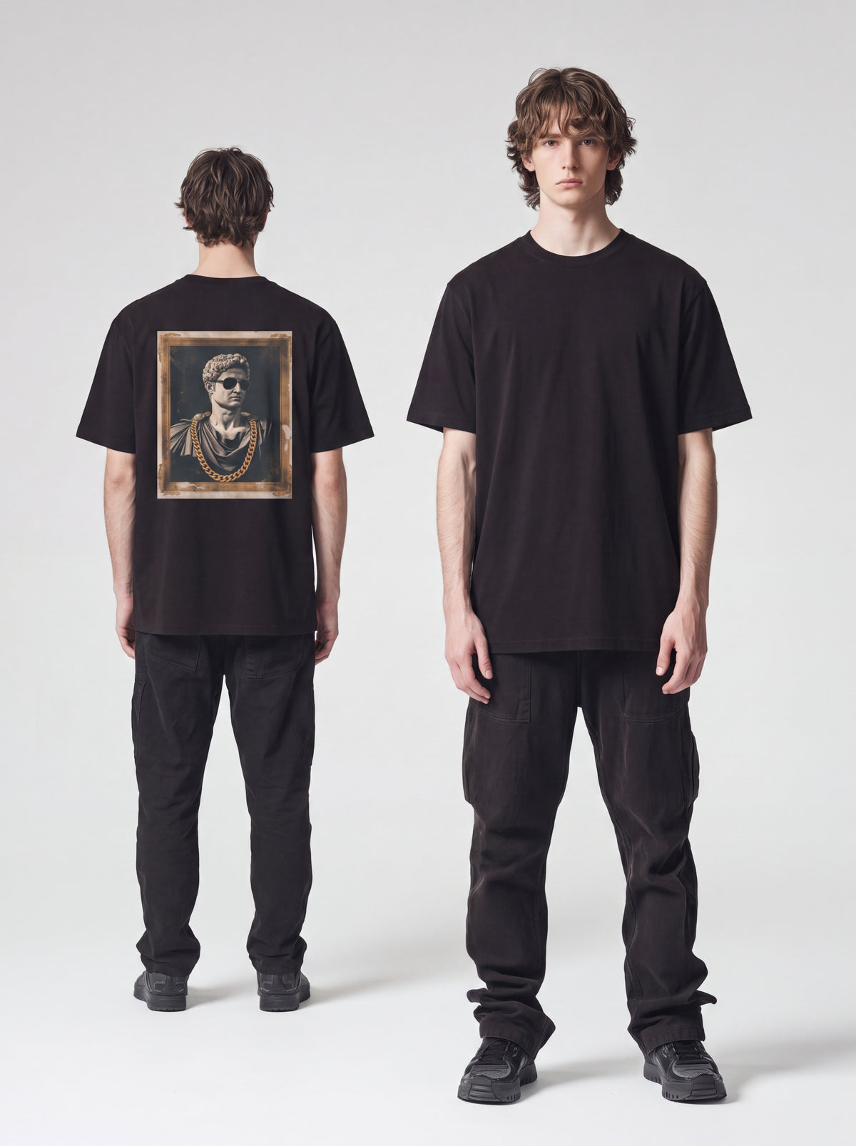 Unisex Heavyweight 6.1 oz Cotton Boxy Fit T-Shirt featuring classical sculpture Graphic - Editorial Dual Male Model Lookbook Front and Back View