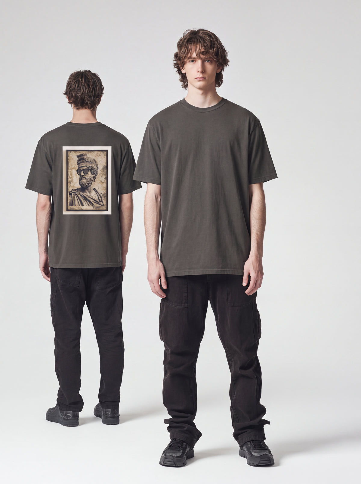 Unisex Heavyweight 6.1 oz Cotton Boxy Fit T-Shirt featuring classical sculpture Graphic - Editorial Dual Male Model Lookbook Front and Back View