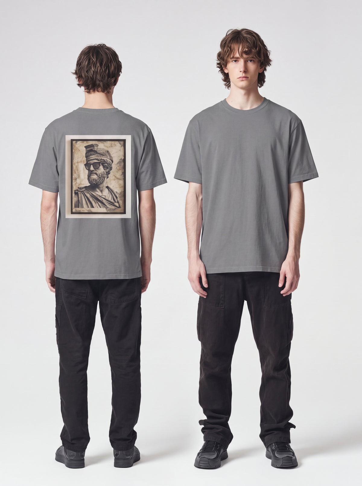 Unisex Heavyweight 6.1 oz Cotton Boxy Fit T-Shirt featuring classical sculpture Graphic - Editorial Dual Male Model Lookbook Front and Back View