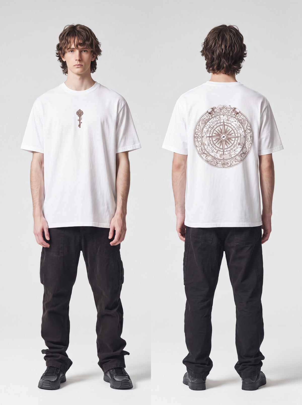 Unisex Heavyweight 6.1 oz Cotton Boxy Fit T-Shirt featuring celestial compass astrolabe Graphic - Garment Detail Close-up View