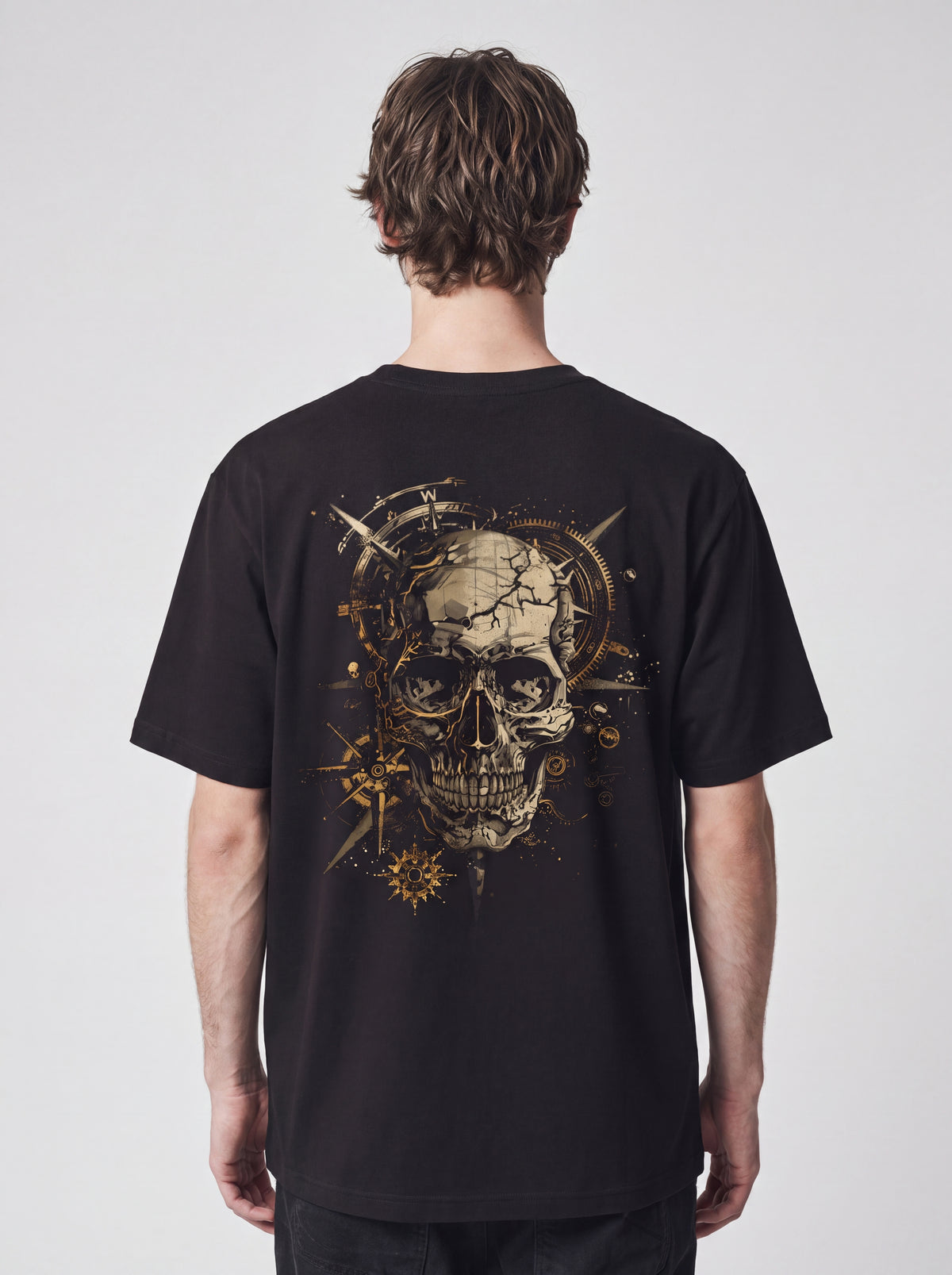 Unisex Heavyweight 6.1 oz Cotton Boxy Fit T-Shirt featuring celestial compass astrolabe Graphic - Garment Detail Close-up View