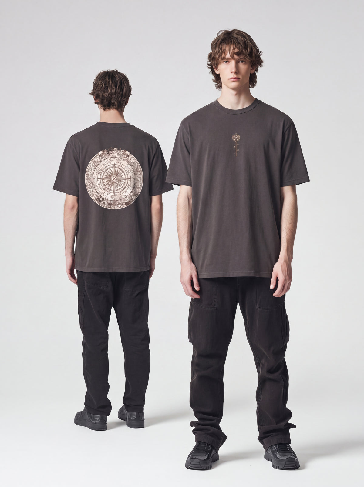 Unisex Heavyweight 6.1 oz Cotton Boxy Fit T-Shirt featuring celestial compass astrolabe Graphic - Editorial Dual Male Model Lookbook Front and Back View
